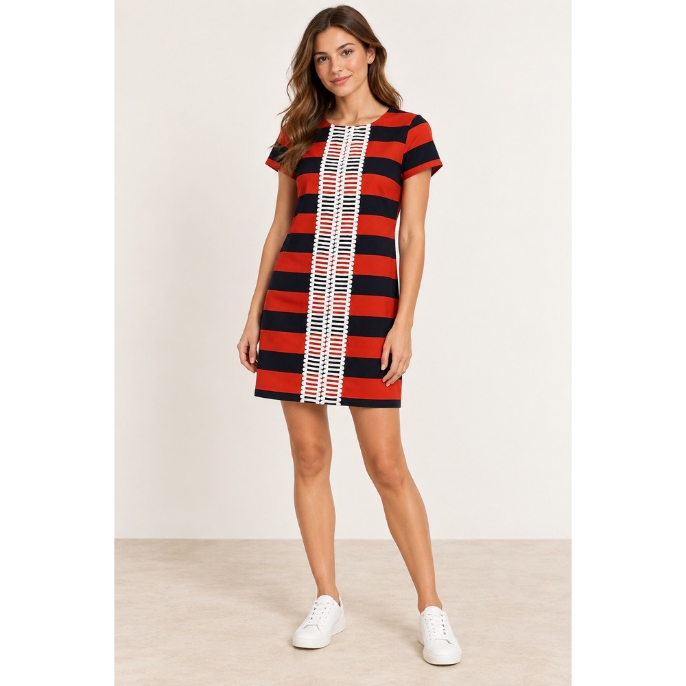 Sail to Sable Red Navy Striped Shift Dress White Lace Trim XXS Minimalist Boho
